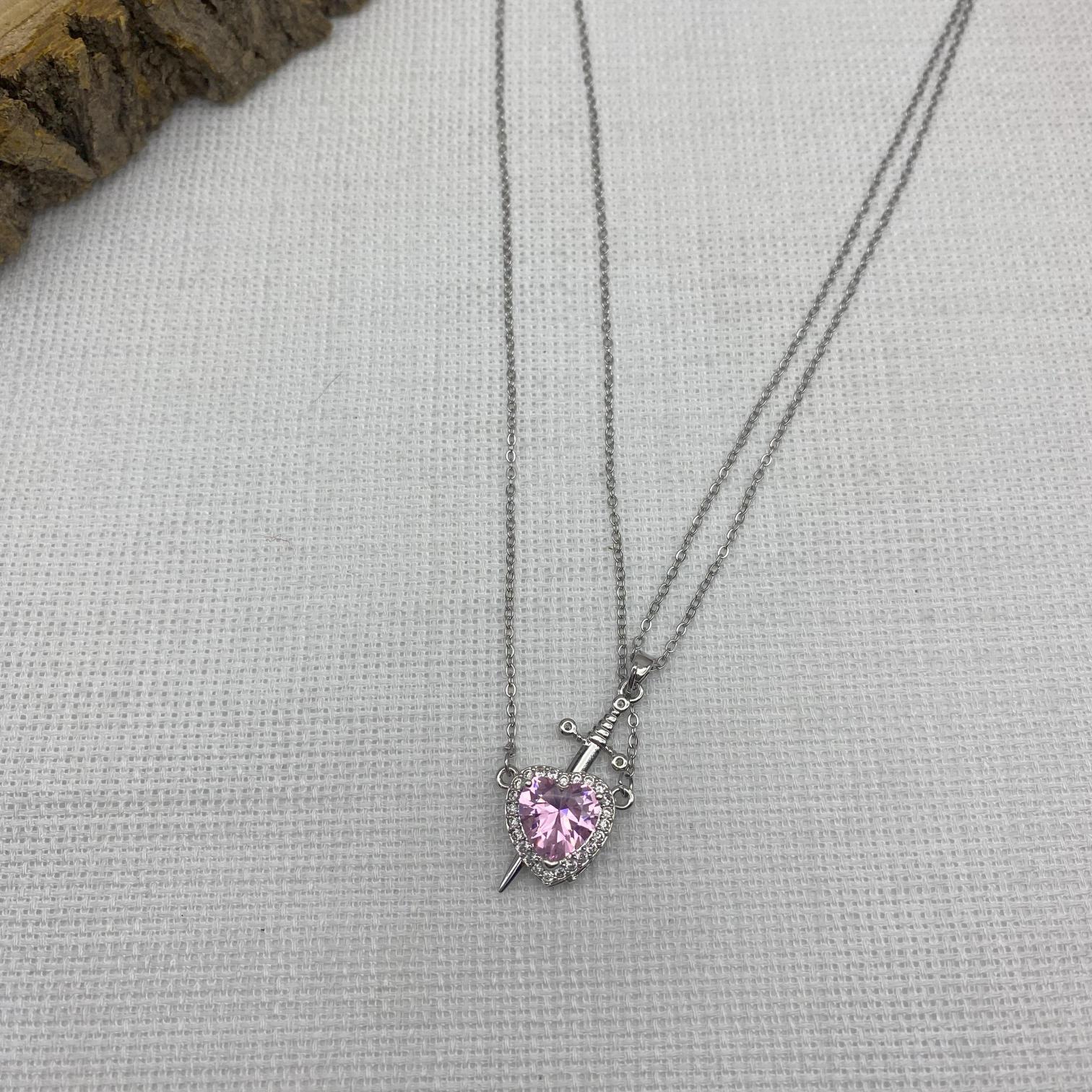 Stainless Steel Gümüş Rengi Kılıçlı Pembe Kalpli Çelik Çift Kolyesi 
