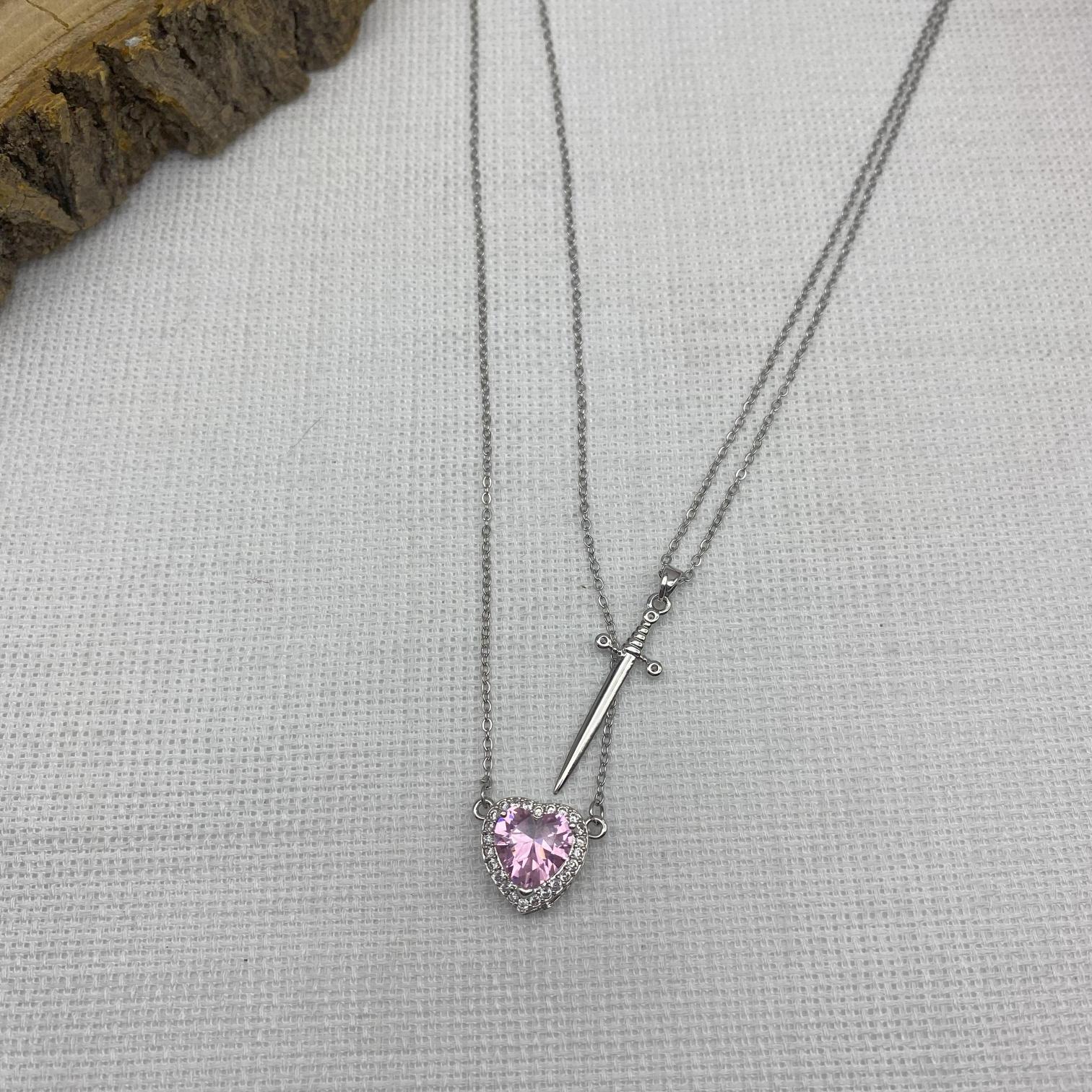 Stainless Steel Gümüş Rengi Kılıçlı Pembe Kalpli Çelik Çift Kolyesi 