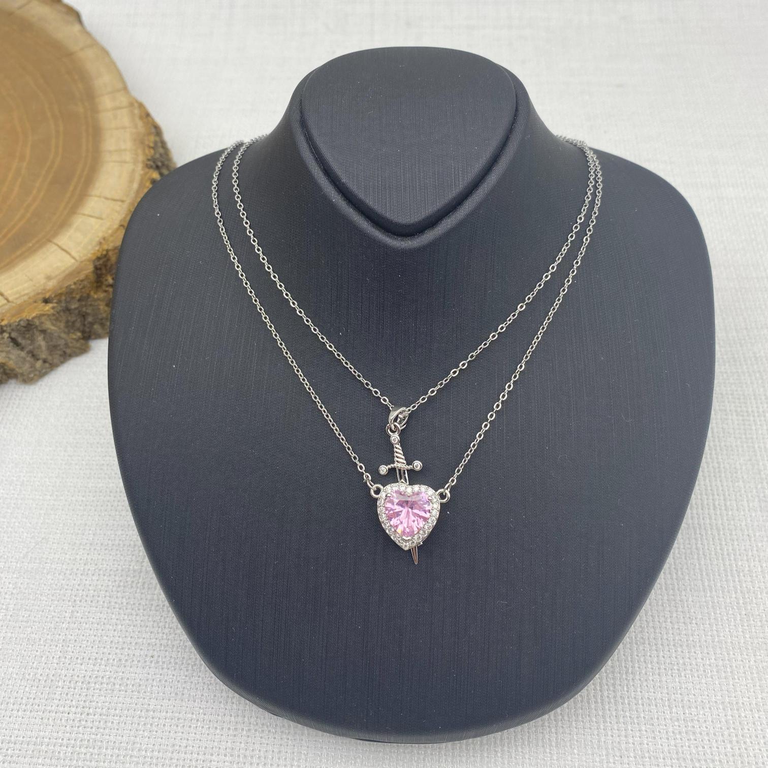 Stainless Steel Gümüş Rengi Kılıçlı Pembe Kalpli Çelik Çift Kolyesi 