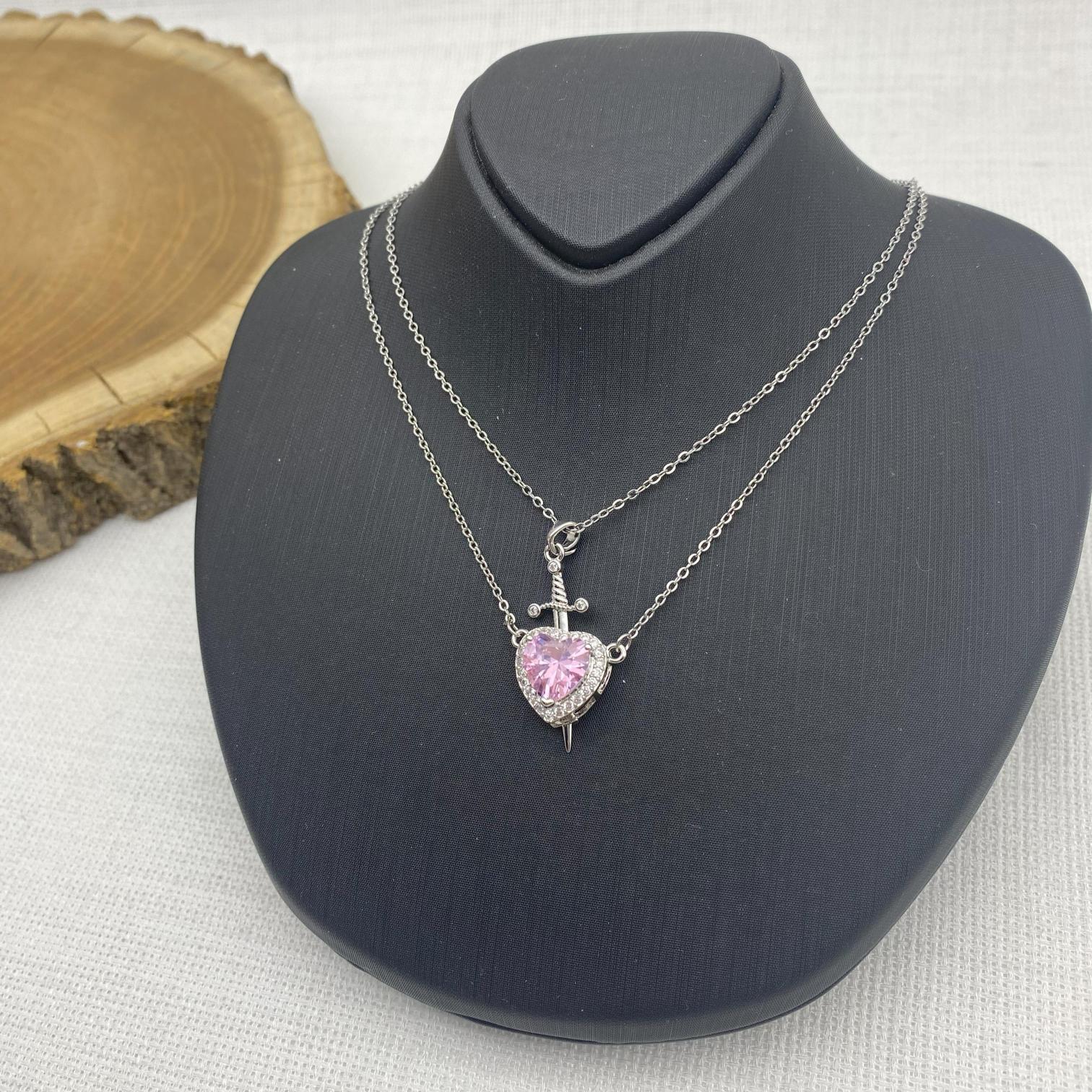 Stainless Steel Gümüş Rengi Kılıçlı Pembe Kalpli Çelik Çift Kolyesi 