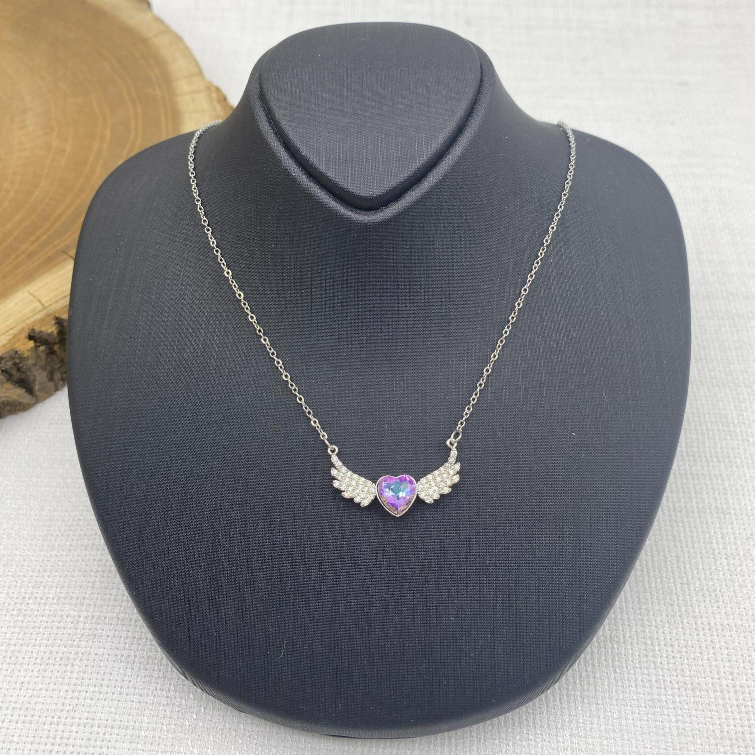 Stainless Steel Gümüş Rengi Kanatlı Mavi Kalpli Çelik Kolye 