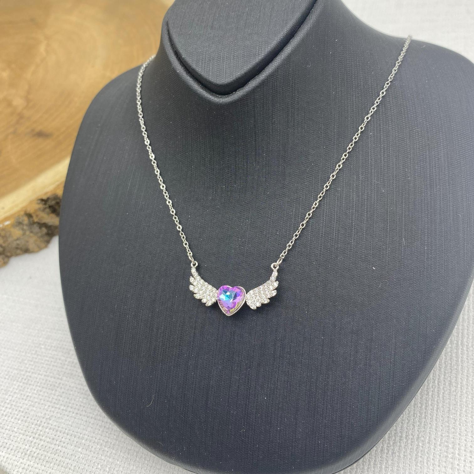 Stainless Steel Gümüş Rengi Kanatlı Mavi Kalpli Çelik Kolye 