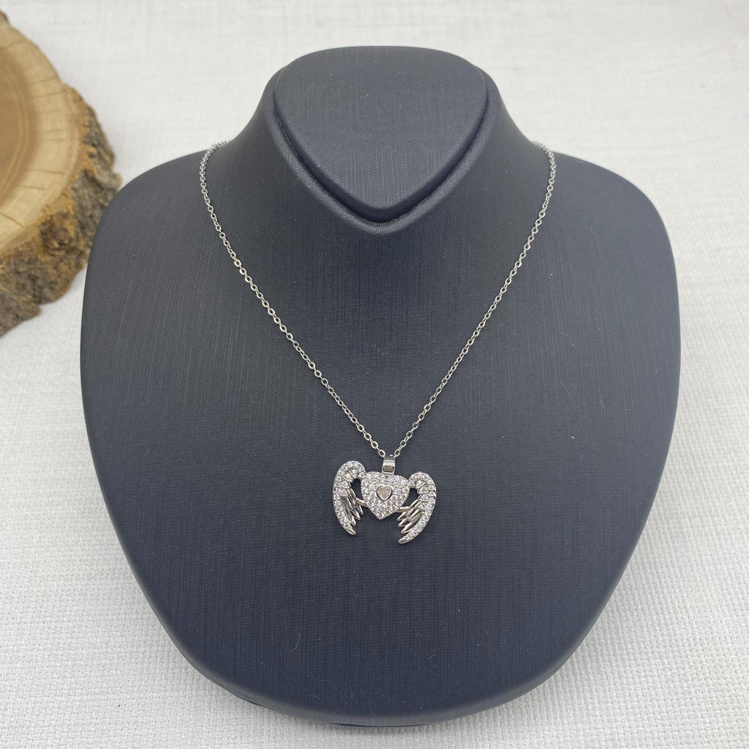 Stainless Steel Gümüş Rengi Kanatlı Kalpli Çelik Kolye 