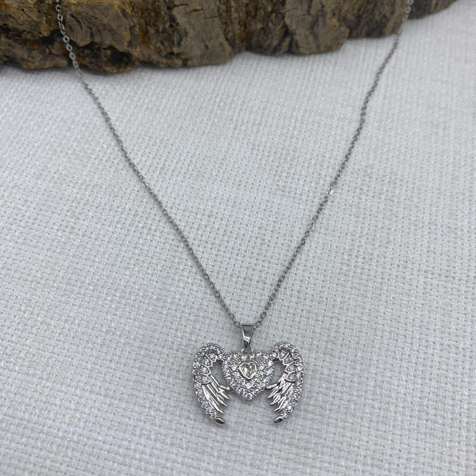 Stainless Steel Gümüş Rengi Kanatlı Kalpli Çelik Kolye 