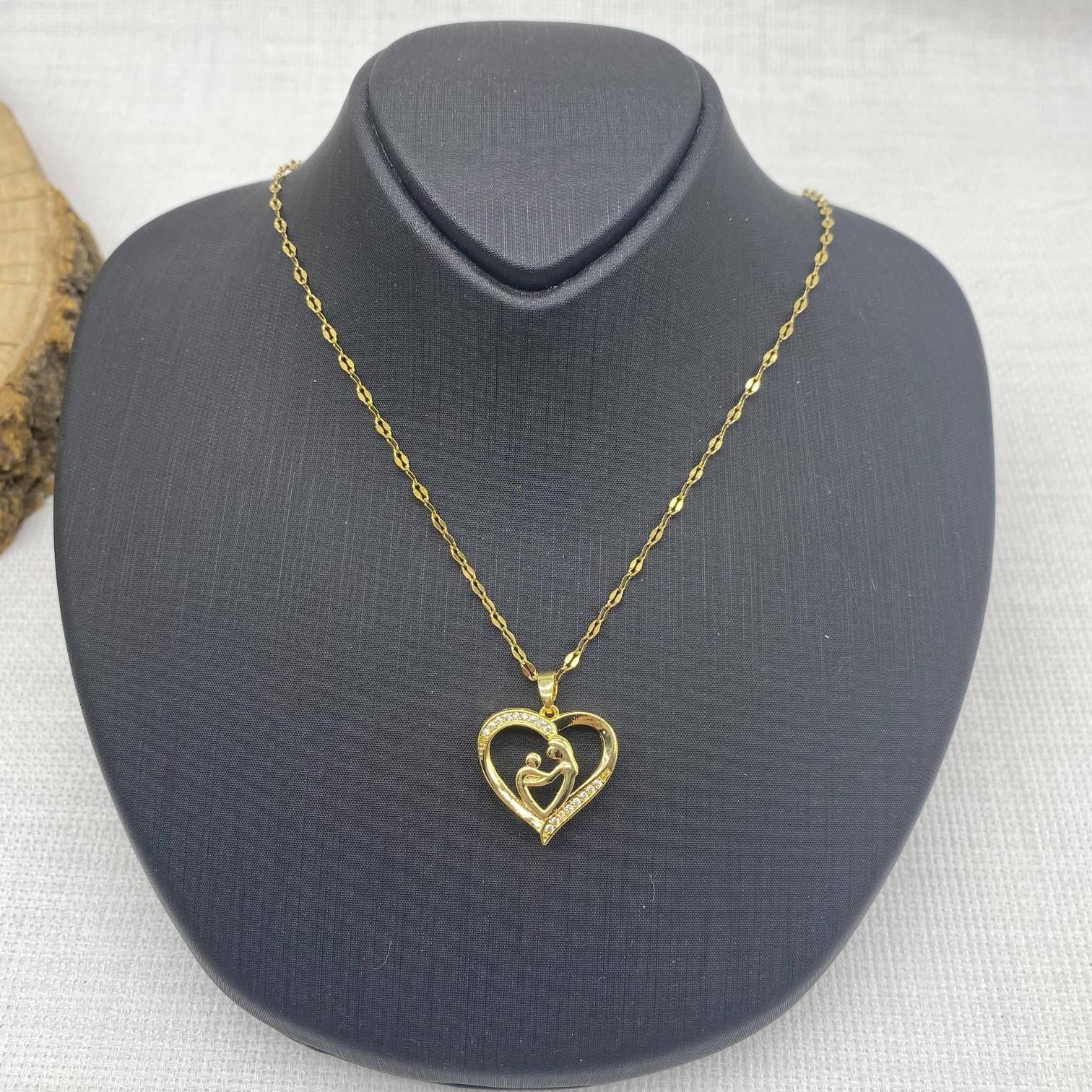 Stainless Steel Altın Rengi Kalpli Anne Çocuk Çelik Kolye 
