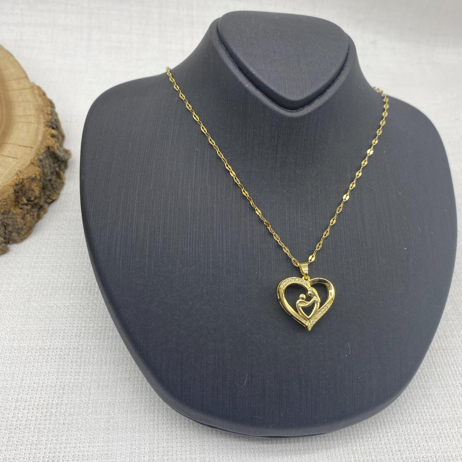 Stainless Steel Altın Rengi Kalpli Anne Çocuk Çelik Kolye 