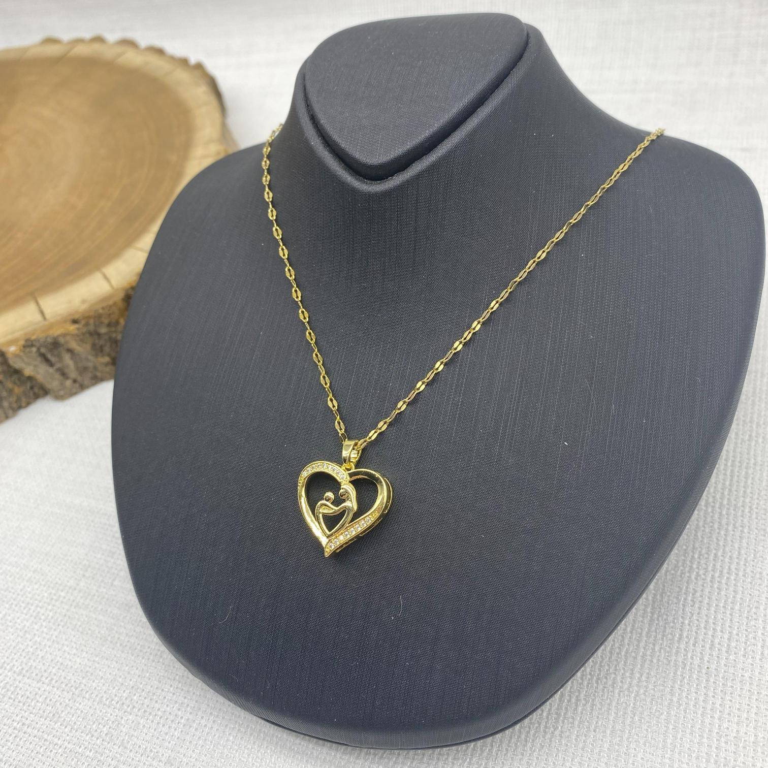 Stainless Steel Altın Rengi Kalpli Anne Çocuk Çelik Kolye 