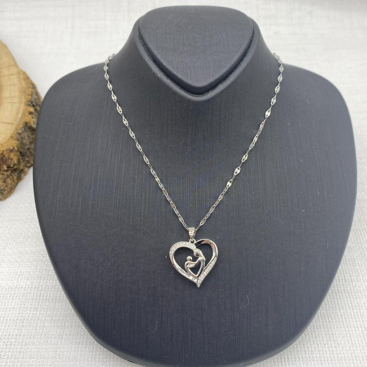 Stainless Steel Gümüş Rengi Kalpli Anne Çocuk Çelik Kolye 