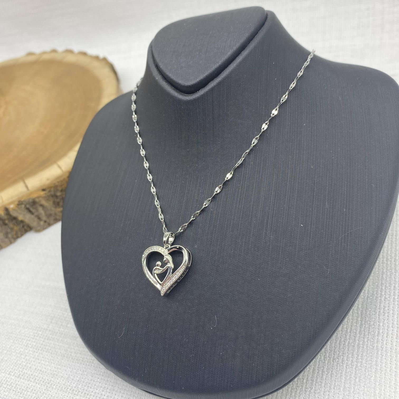 Stainless Steel Gümüş Rengi Kalpli Anne Çocuk Çelik Kolye 