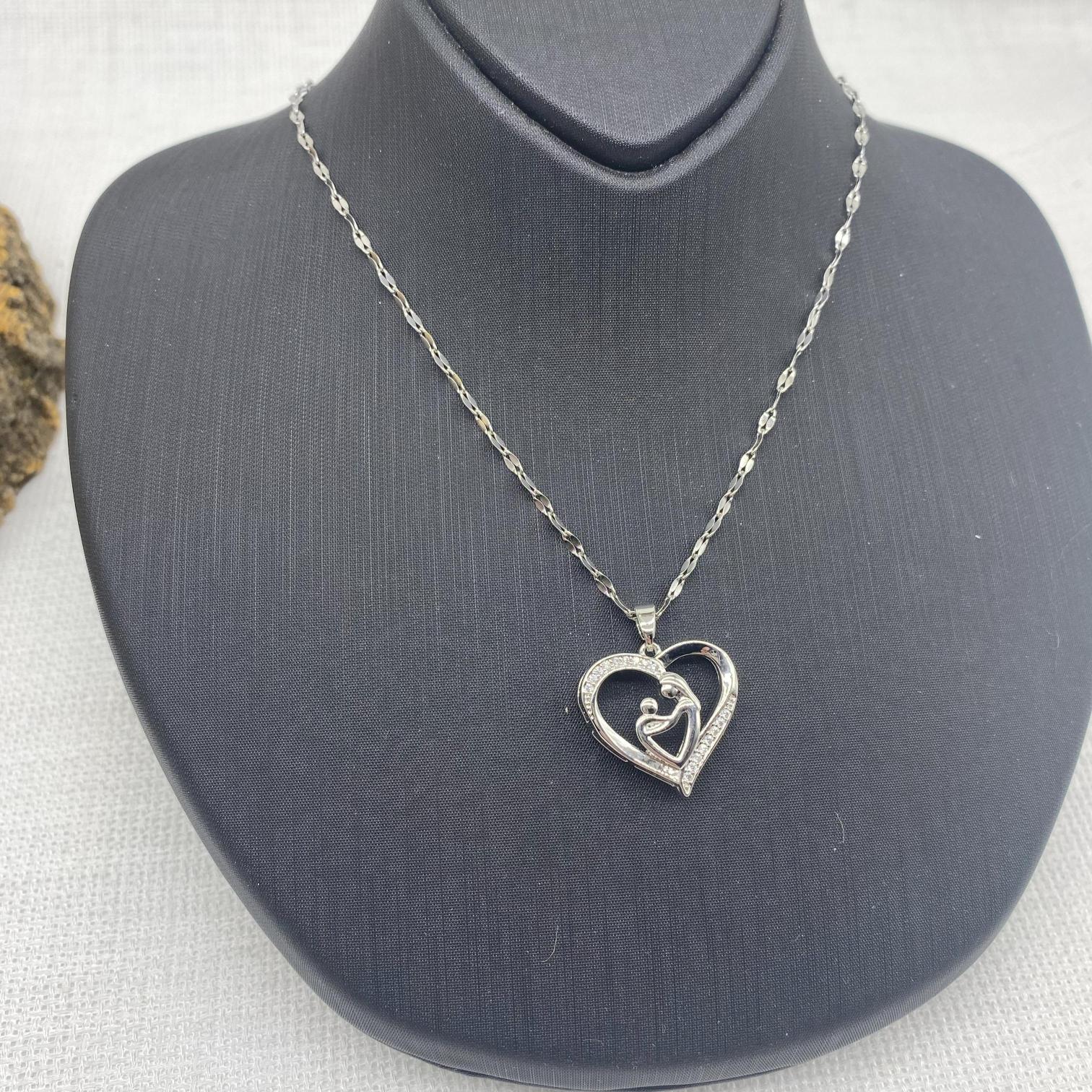 Stainless Steel Gümüş Rengi Kalpli Anne Çocuk Çelik Kolye 