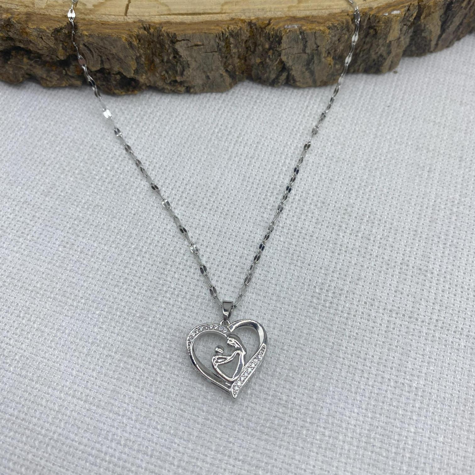 Stainless Steel Gümüş Rengi Kalpli Anne Çocuk Çelik Kolye 