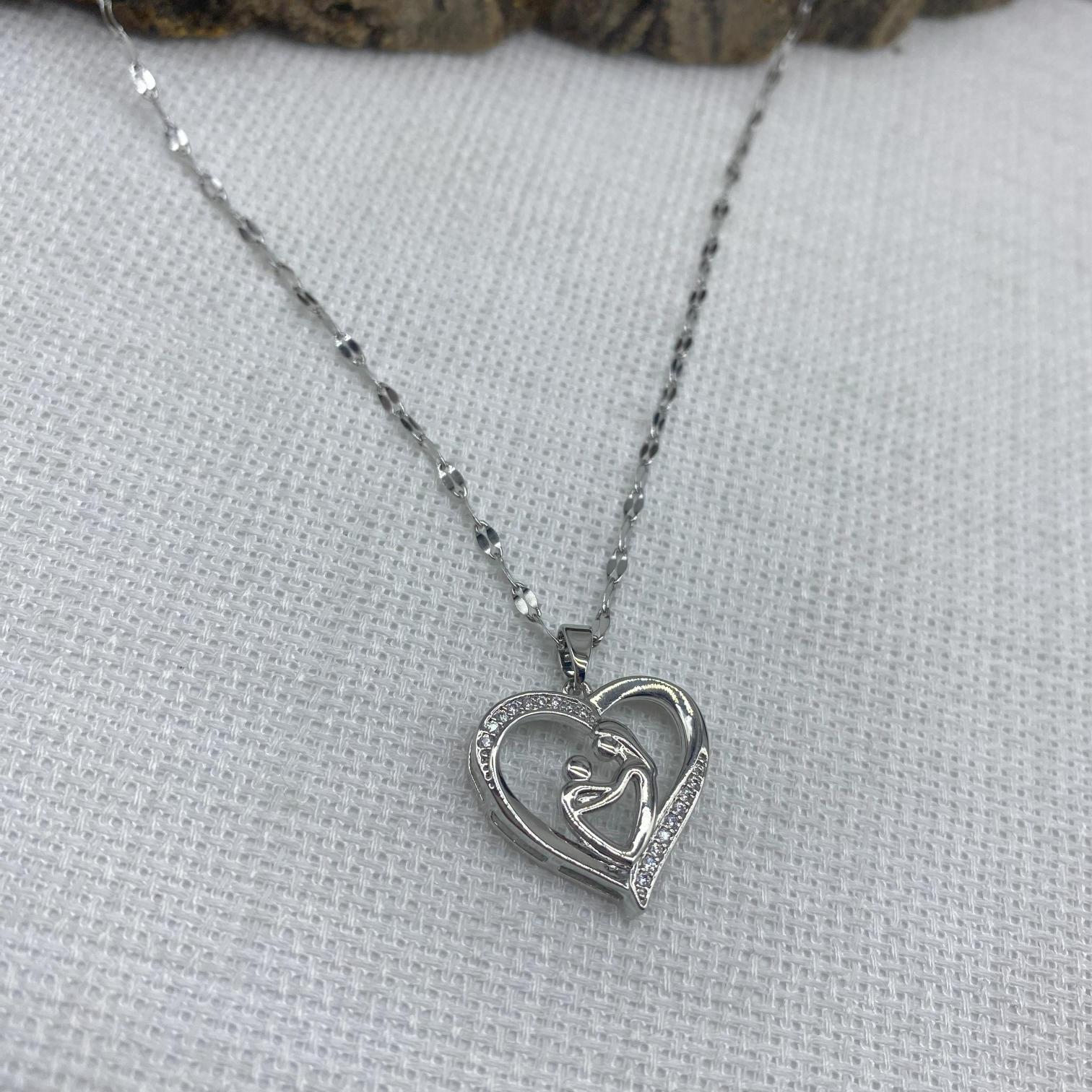 Stainless Steel Gümüş Rengi Kalpli Anne Çocuk Çelik Kolye 