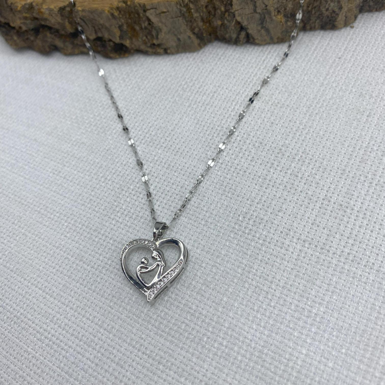 Stainless Steel Gümüş Rengi Kalpli Anne Çocuk Çelik Kolye 