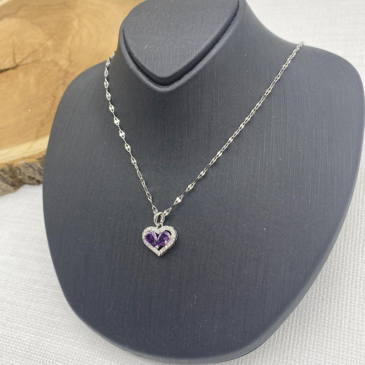 Stainless Steel Gümüş Rengi Mor Kalpli Çelik Kolye 