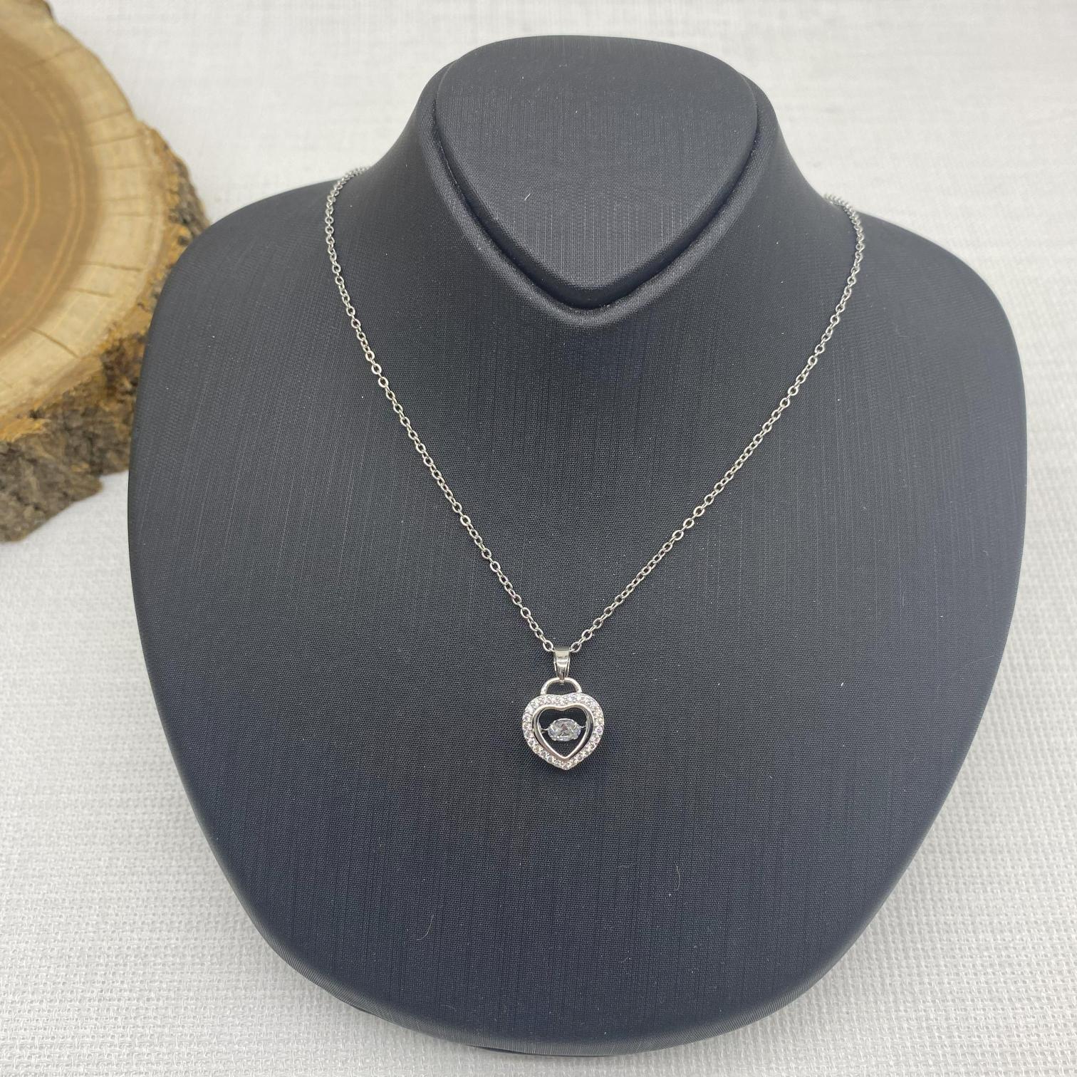 Stainless Steel Gümüş Rengi Mor Kalpli Çelik Kolye 