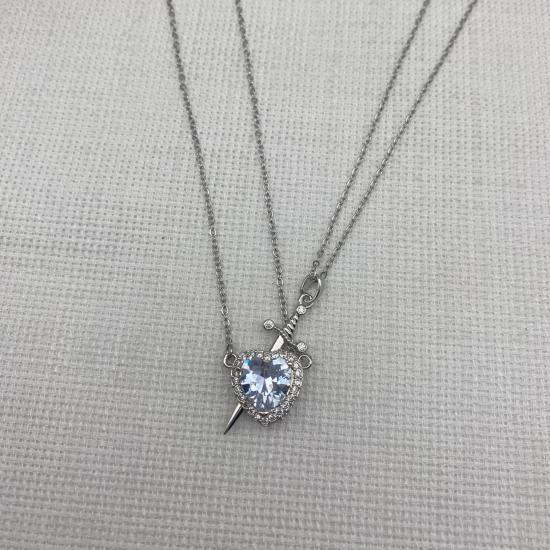 Stainless Steel Gümüş Rengi Kılıçlı Kalpli Çelik Çift Kolyesi 