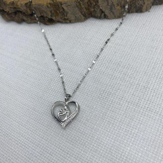 Stainless Steel Gümüş Rengi Kalpli Anne Çocuk Çelik Kolye 