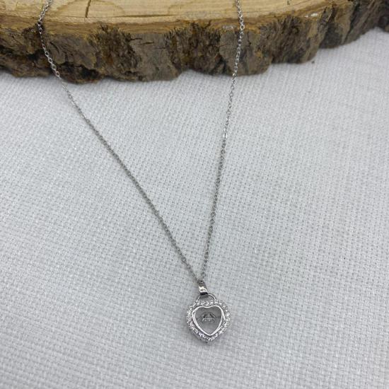 Stainless Steel Gümüş Rengi Mor Kalpli Çelik Kolye 