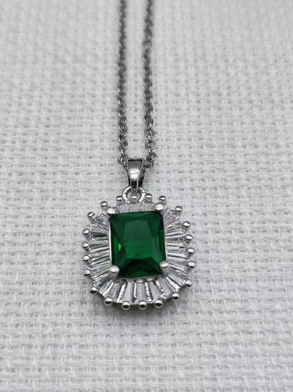 Stainless Steel Gümüş Rengi Yeşil Taşlı Çelik Kolye 