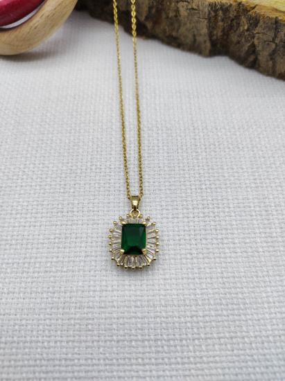 Stainless Steel Altın Rengi Yeşil Taşlı Çelik Kolye 