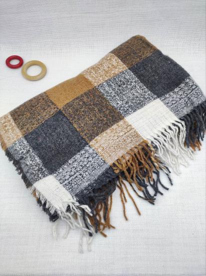 Ekose Kahveli Grili Kışlık Omuz Şalı