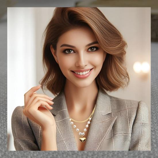 Stainless Steel İncili İtalyan Zincirli Kalpli Çelik Kolye 